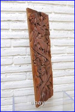 Vintage Haitian Wood Carving Wall Plaque 23 Inch Harvest Scene Folk Art Farming