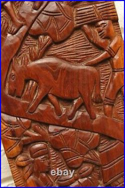 Vintage Haitian Wood Carving Wall Plaque 23 Inch Harvest Scene Folk Art Farming