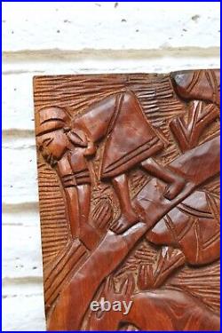 Vintage Haitian Wood Carving Wall Plaque 23 Inch Harvest Scene Folk Art Farming