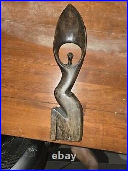 Vintage Hand Carved Abstract Woman Shout for Joy Wood Sculpture Hardwood 9.5