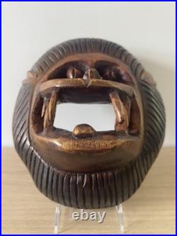 Vintage Hand Carved African Lion Mask. Tribal Wood Sculpture. Kifwebe Style