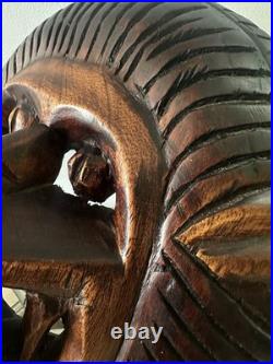 Vintage Hand Carved African Lion Mask. Tribal Wood Sculpture. Kifwebe Style