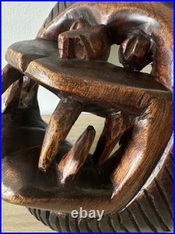 Vintage Hand Carved African Lion Mask. Tribal Wood Sculpture. Kifwebe Style