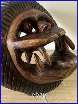 Vintage Hand Carved African Lion Mask. Tribal Wood Sculpture. Kifwebe Style