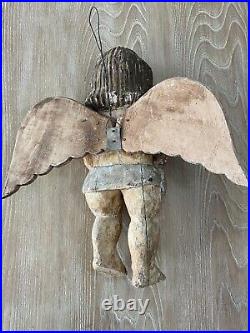 Vintage Hand Carved Angel Wall Hanging Cherub With Fruit Wooden Sculpture