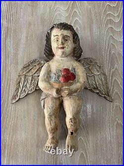 Vintage Hand Carved Angel Wall Hanging Cherub With Fruit Wooden Sculpture
