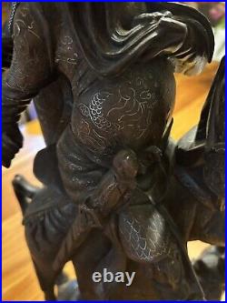 Vintage Hand Carved Asian Wood Art figural Warrior Samurai