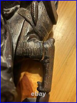 Vintage Hand Carved Asian Wood Art figural Warrior Samurai