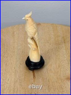 Vintage Hand-Carved Bone Cockatoo Bird Sculpture on Wood Base