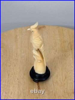 Vintage Hand-Carved Bone Cockatoo Bird Sculpture on Wood Base