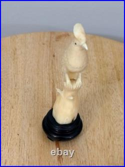 Vintage Hand-Carved Bone Cockatoo Bird Sculpture on Wood Base