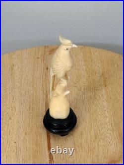 Vintage Hand-Carved Bone Cockatoo Bird Sculpture on Wood Base