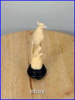 Vintage Hand-Carved Bone Cockatoo Bird Sculpture on Wood Base