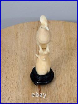 Vintage Hand-Carved Bone Cockatoo Bird Sculpture on Wood Base