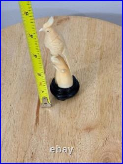 Vintage Hand-Carved Bone Cockatoo Bird Sculpture on Wood Base
