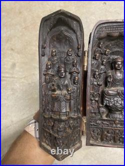 Vintage Hand Carved Buddhist Shrine Buddha Altar Folding Asian Wood Sculpture