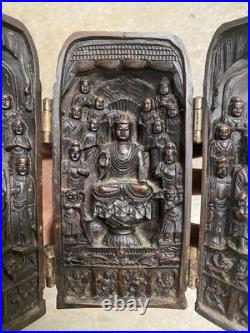 Vintage Hand Carved Buddhist Shrine Buddha Altar Folding Asian Wood Sculpture
