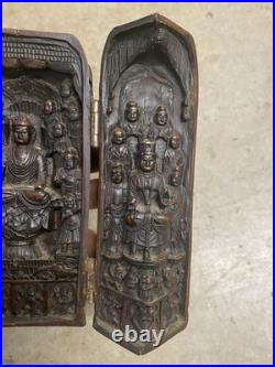 Vintage Hand Carved Buddhist Shrine Buddha Altar Folding Asian Wood Sculpture