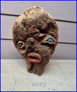 Vintage Hand Carved Burl Wood Face Art Sculpture