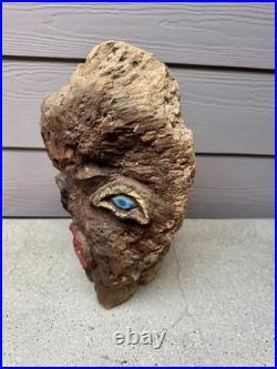 Vintage Hand Carved Burl Wood Face Art Sculpture