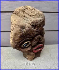 Vintage Hand Carved Burl Wood Face Art Sculpture