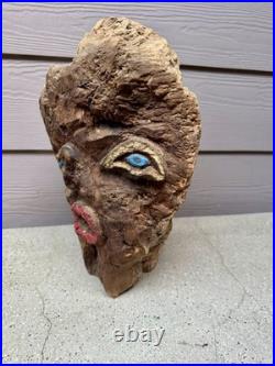 Vintage Hand Carved Burl Wood Face Art Sculpture