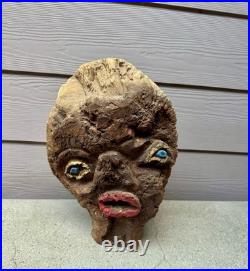 Vintage Hand Carved Burl Wood Face Art Sculpture
