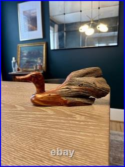 Vintage Hand Carved Cedar Duck Signed FolkArt Sculpture Rustic Cabin Decor 12