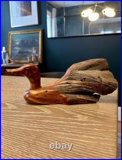 Vintage Hand Carved Cedar Duck Signed FolkArt Sculpture Rustic Cabin Decor 12