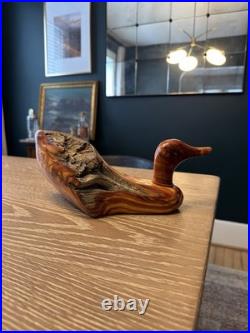 Vintage Hand Carved Cedar Duck Signed FolkArt Sculpture Rustic Cabin Decor 12