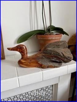 Vintage Hand Carved Cedar Duck Signed FolkArt Sculpture Rustic Cabin Decor 12
