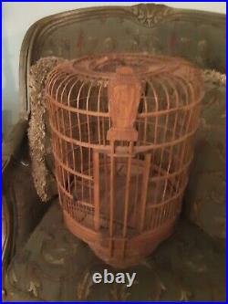 Vintage Hand Carved Chinese Bamboo Hanging Bird Cage Wood Sculpture