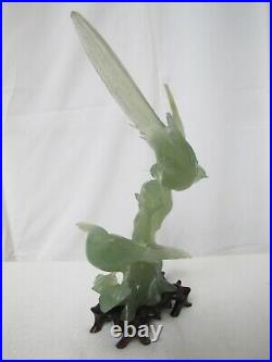 Vintage Hand Carved Chinese Jade Birds Statue Sculpture with Wood stand