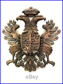 Vintage Hand Carved Coat Of Arms Wood Wall Sculpture Golden Fleece & Dbl Eagles
