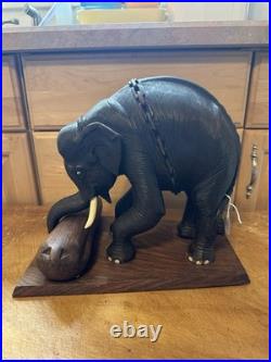 Vintage Hand Carved Elephant Sculpture With Log Wood Base Asian Art Figurine