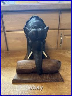 Vintage Hand Carved Elephant Sculpture With Log Wood Base Asian Art Figurine