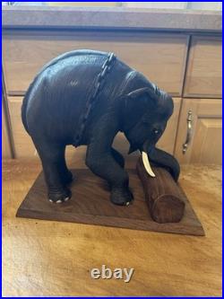 Vintage Hand Carved Elephant Sculpture With Log Wood Base Asian Art Figurine