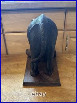 Vintage Hand Carved Elephant Sculpture With Log Wood Base Asian Art Figurine