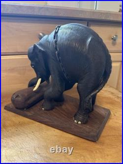 Vintage Hand Carved Elephant Sculpture With Log Wood Base Asian Art Figurine