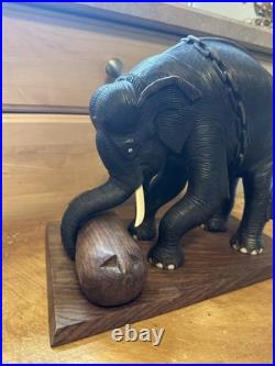 Vintage Hand Carved Elephant Sculpture With Log Wood Base Asian Art Figurine