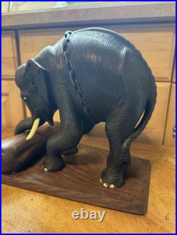 Vintage Hand Carved Elephant Sculpture With Log Wood Base Asian Art Figurine