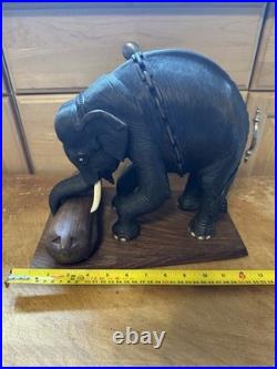 Vintage Hand Carved Elephant Sculpture With Log Wood Base Asian Art Figurine