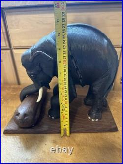 Vintage Hand Carved Elephant Sculpture With Log Wood Base Asian Art Figurine