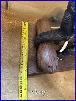 Vintage Hand Carved Elephant Sculpture With Log Wood Base Asian Art Figurine