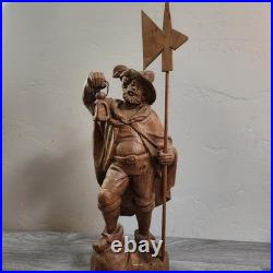Vintage Hand Carved Fine Wood Man Traveler Lantern Night Watcher Solid Folk Art