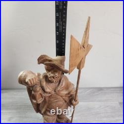 Vintage Hand Carved Fine Wood Man Traveler Lantern Night Watcher Solid Folk Art