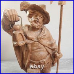 Vintage Hand Carved Fine Wood Man Traveler Lantern Night Watcher Solid Folk Art