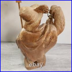 Vintage Hand Carved Fine Wood Man Traveler Lantern Night Watcher Solid Folk Art