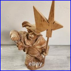 Vintage Hand Carved Fine Wood Man Traveler Lantern Night Watcher Solid Folk Art
