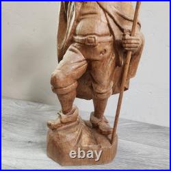 Vintage Hand Carved Fine Wood Man Traveler Lantern Night Watcher Solid Folk Art